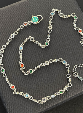 复古泰银旧彩钻滴胶笑脸项链女