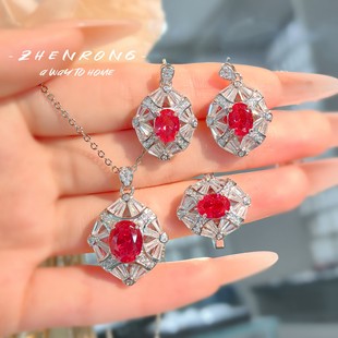 Young时尚百搭红刚玉吊坠女高碳钻耳钉蓝尖晶开口戒指彩宝套装女