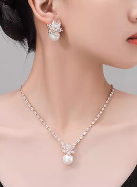 雪花珍珠锆石项链贝珠耳钉套装