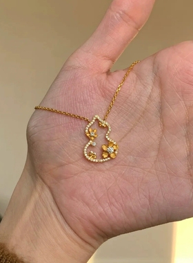 Young新中式中国风金色拉丝福禄吊坠轻奢镂空满钻花朵葫芦项链女