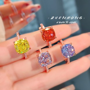 Young冰花切美德拉小方糖戒指奢华焦糖色紫色高碳钻玫瑰金钻戒女