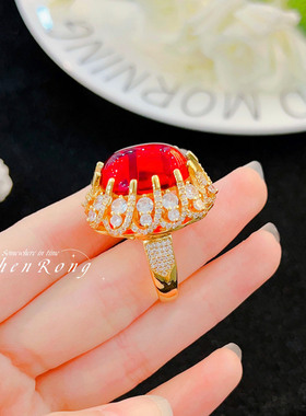 织纹雕金卢比红宝石戒指女