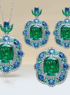 欧美仿真复古彩宝吊坠项链彩宝耳环套装首饰祖母绿女耳钉锆石戒指