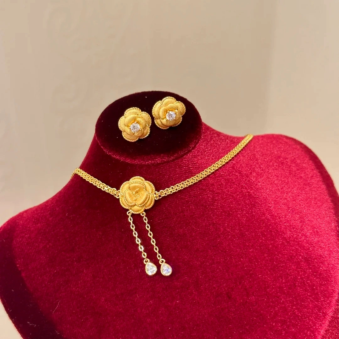 Young法式复古宫廷风拉丝山茶花流苏项链女choker玫瑰花耳钉套装