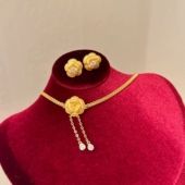 Young法式 复古宫廷风拉丝山茶花流苏项链女choker玫瑰花耳钉套装