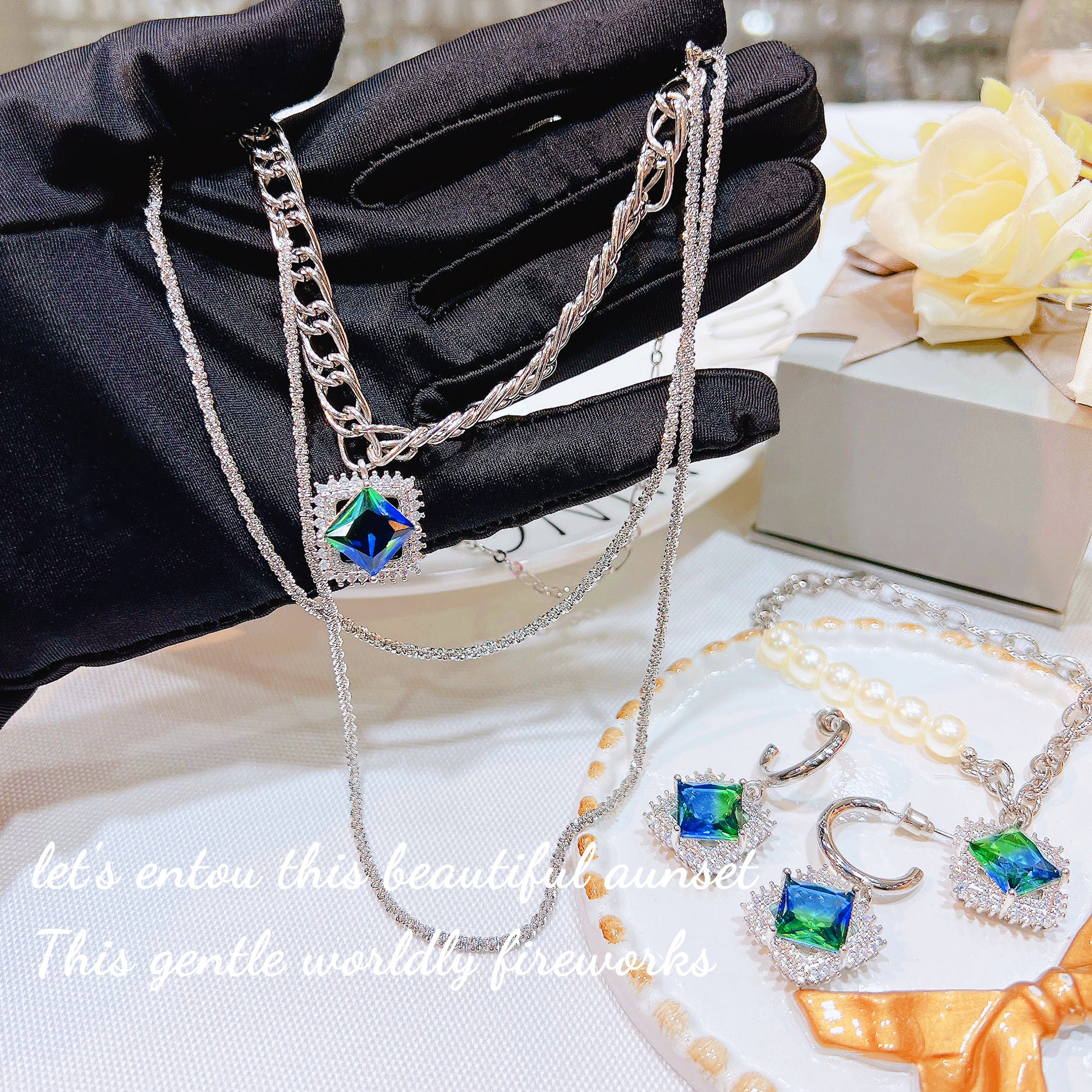 白日梦渐变碧玺叠戴小众珍珠