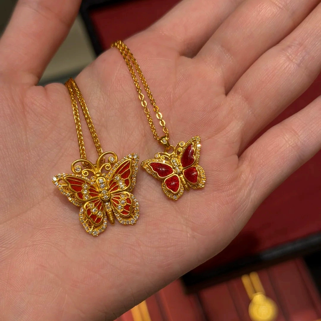 Young新中式复古花丝蝴蝶珐琅镶钻吊坠女宫廷风滴胶金色彩蝶项链