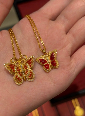 Young新中式复古花丝蝴蝶珐琅镶钻吊坠女宫廷风滴胶金色彩蝶项链