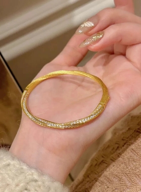 Young中古风vintage手工拉丝莫比乌斯手镯轻奢锆石扭绳麻花手环女