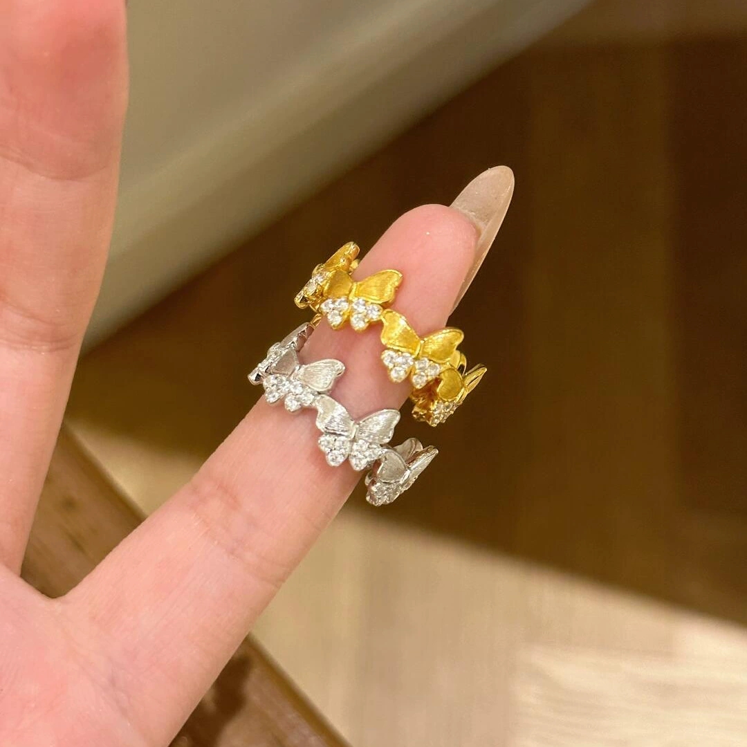 Young中古风Vintage金色拉丝镶钻超仙蝴蝶戒指女小众设计轻奢指环