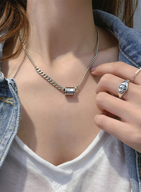 Young925纯银圆柱泰银复古情侣项链女小众设计感气质轻奢网红饰品