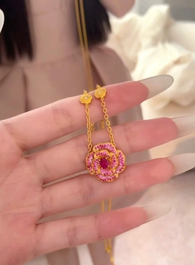 Young新中式中国风红牡丹花项链真金电镀轻奢红刚玉玫瑰花吊坠女