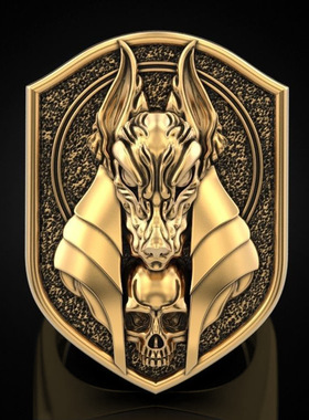 Young创意古埃及神话死神阿努比斯戒指复古胡狼头人身镀18k金男戒