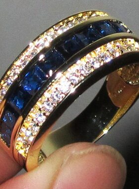 蓝宝石方钻镀18k黄金男女士戒指