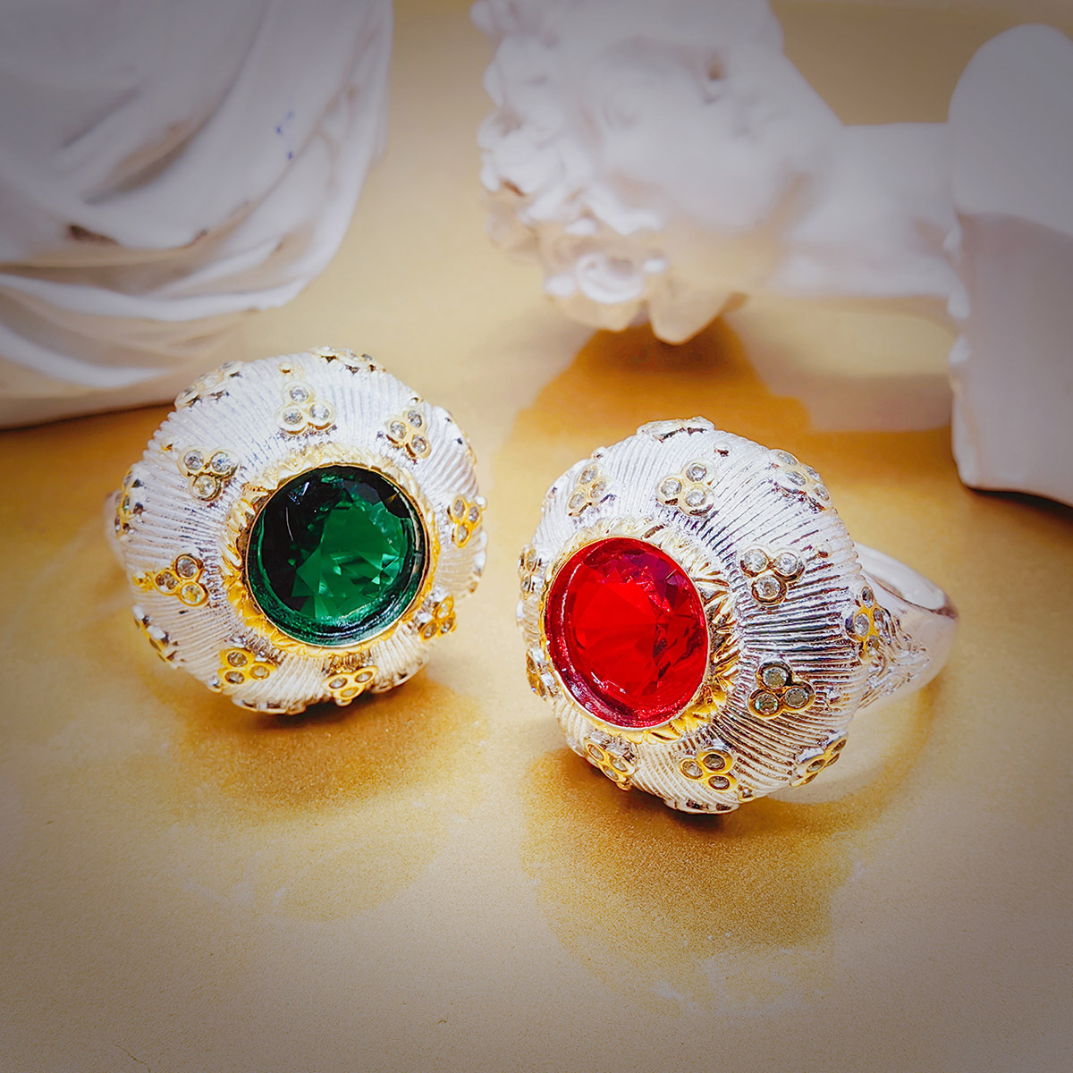 织纹雕金工艺双色金红宝石戒指女