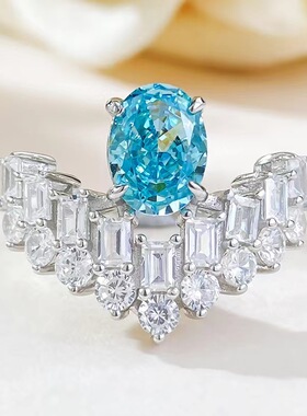 v形海蓝锆冰花切戒指钻戒