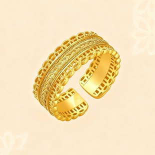 Young王安宇款古法黄金色东方古祖腰缠万贯戒指镂空蕾丝麦穗女戒
