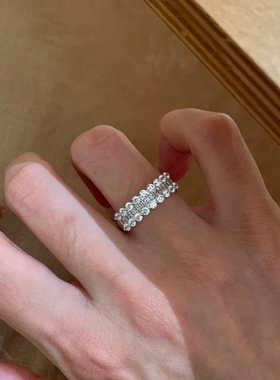 Young爆闪锆石满钻重工条戒T方钻方糖蕾丝璀璨星河戒指半圈钻排戒