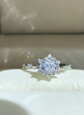 纯银S925八心八箭仿莫桑钻锆石六角雪花戒指女简约蕾丝开口戒子女