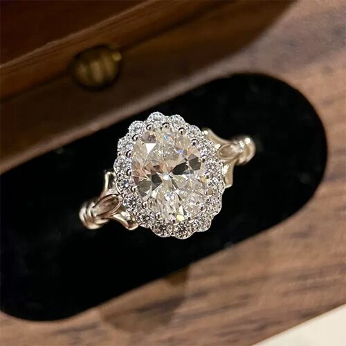 Young新中式手捧鲜花造型婚礼鸽子蛋戒指女奢华珠宝感镶满钻爆闪