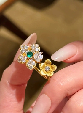 Young新中式双生花金色拉丝花朵戒指女小众设计气质轻奢百搭指环