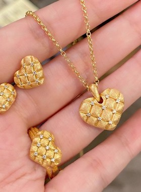 法式复古拉丝菱格爱心形吊坠女