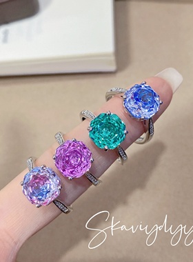 Young轻奢八角千禧玫瑰切戒指女时尚镶高碳钻玫瑰花帕拉伊巴钻戒