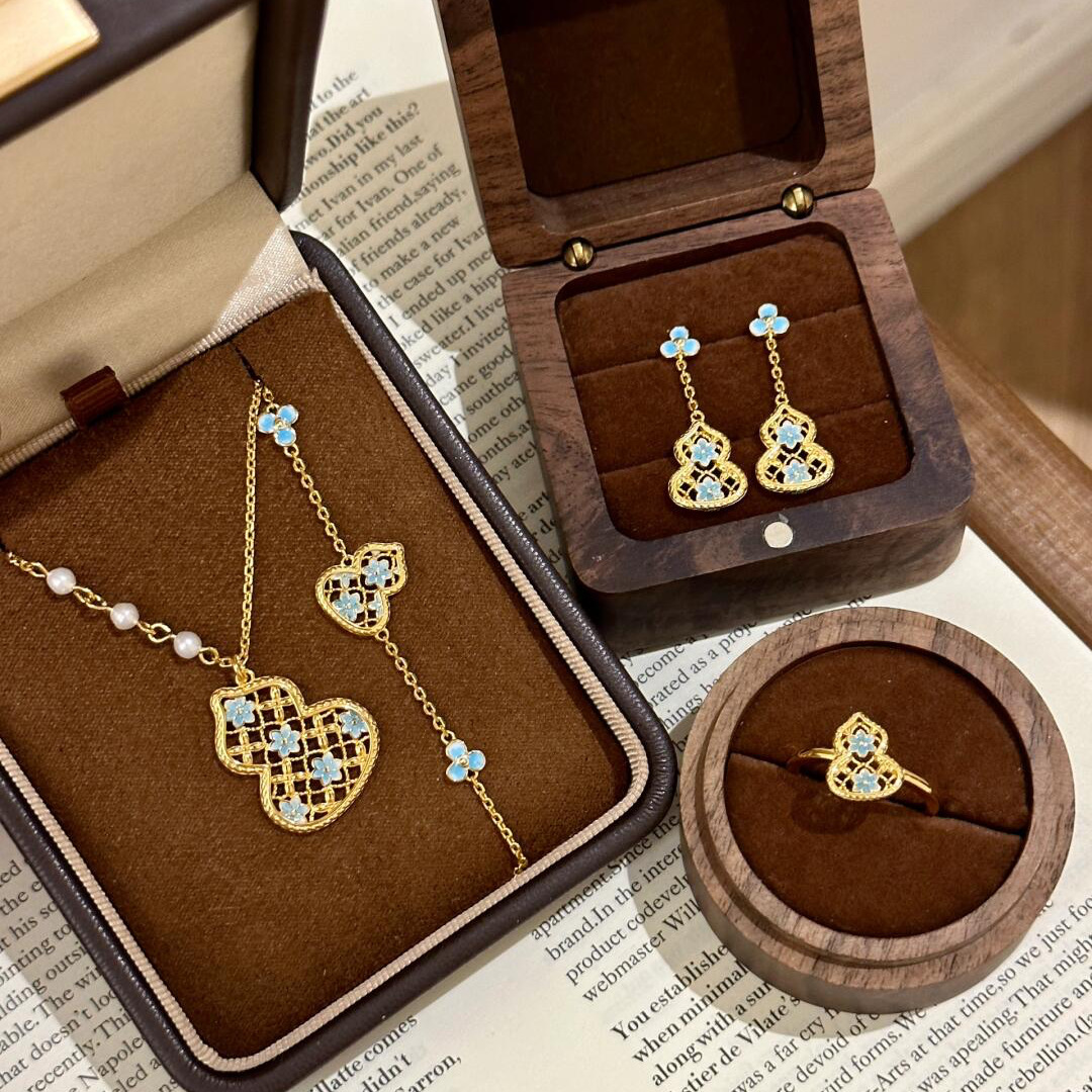 Young国风葫芦项链女渐变蓝色珐琅工艺手链滴釉福禄戒指蓝花套装