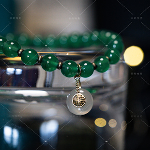 【壮的响亮】翠光琢福绿玛瑙白玛沙金平安扣手链手串