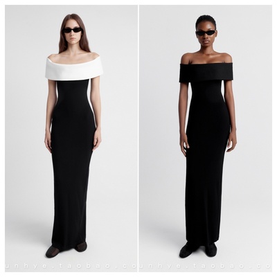 越南小众2025年夏季新款酷飒大女主弧形一字肩曲线长裙修身连衣裙