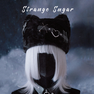 怪糖饰物集原创手工黑色皮扣毛绒猫耳帽子仿皮草保暖暗黑亚文化