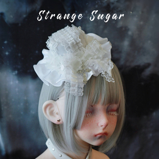 怪糖饰物集原创手工十字蕾丝蝴蝶结小礼帽发夹边夹Lolita白色