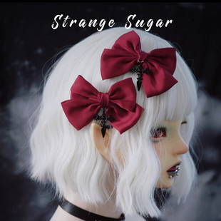 怪糖饰物集原创手工缎面蝴蝶结发夹边夹酒红十字暗黑哥特亚文化