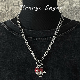 怪糖饰物集原创手工恶魔心脏双层合金项链暗黑亚文化银色红色