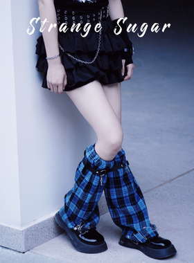 怪糖饰物集原创手工格子腿套袜套长筒袜堆堆袜暗黑亚文化蓝色