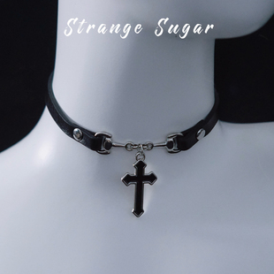 怪糖饰物集原创手工黑色十字细仿皮颈链choker暗黑亚文化