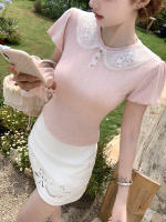 Q Girl's White Peach Fragrance/Baby collar, cute and rich girl vibe Pink knitted top, slimming and youthful short-sleeved/sleeveless thumbnail 5