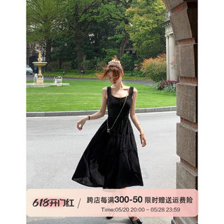 Q女家 罗马假日/法式重工大摆长裙高级感气质黑色吊带连衣裙2023