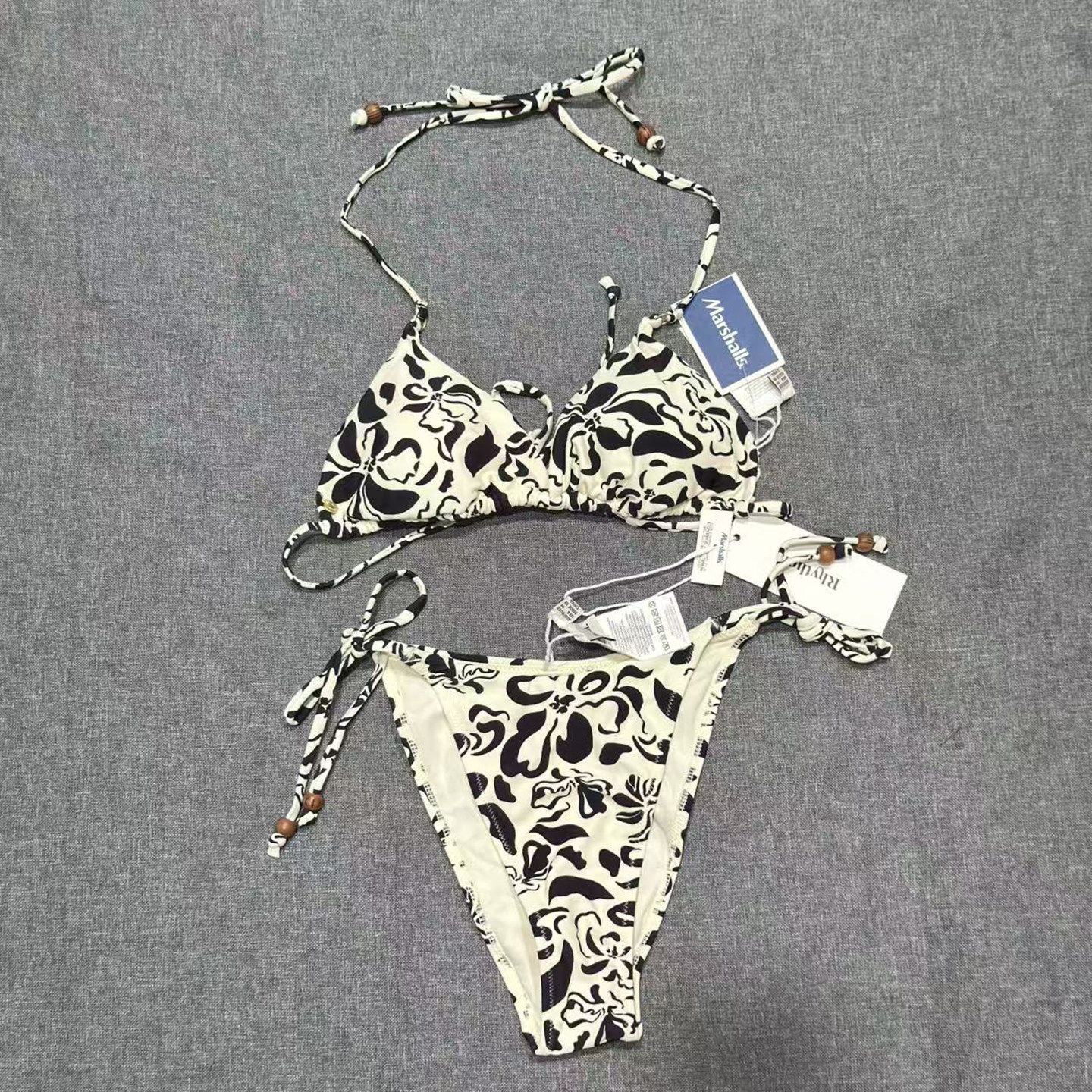 出口欧美女士成人竖条面料三角杯比基尼绑带饰品木耳边性感游泳衣