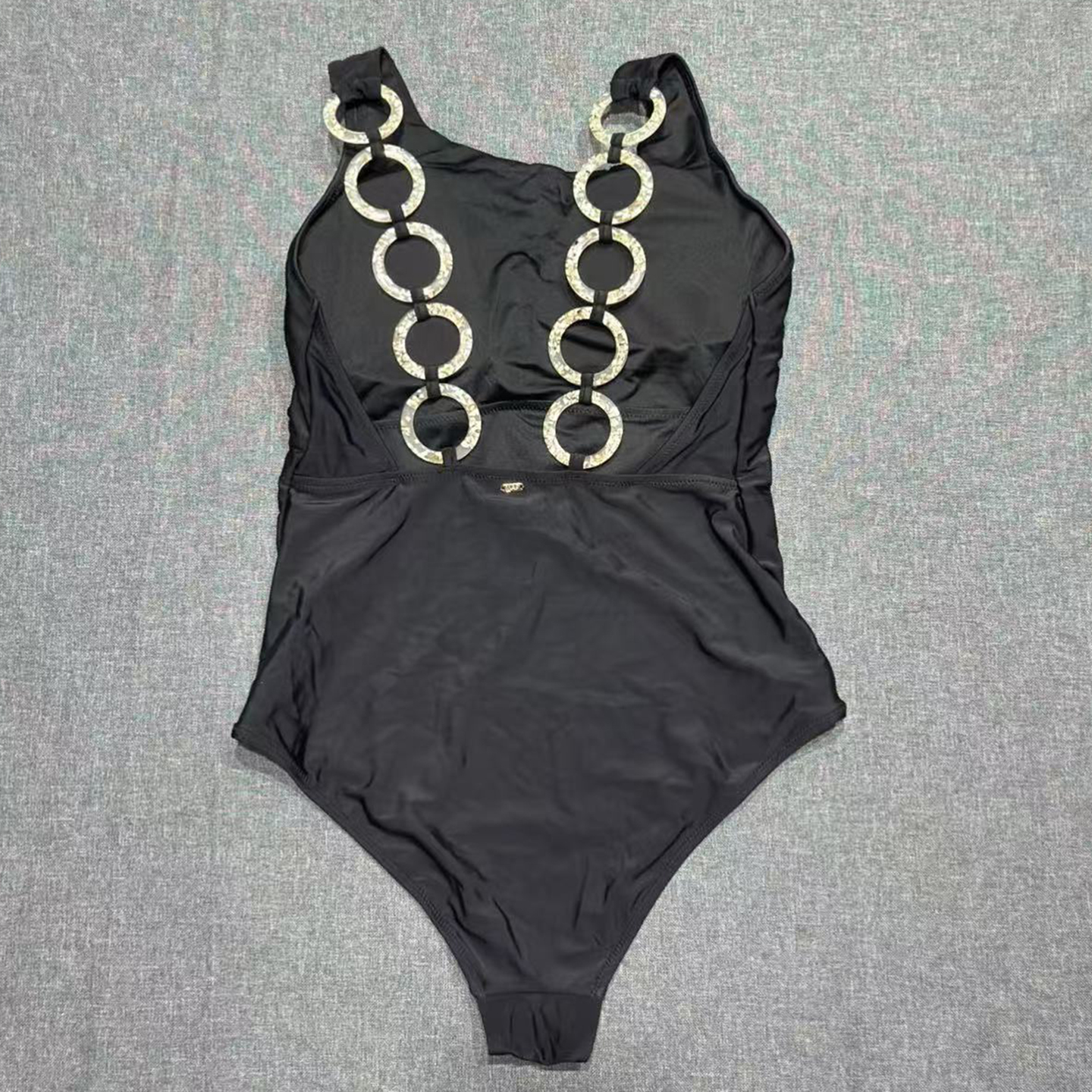 出口欧美女士成人高领腰部抽皱简约大露背圆环饰品三角连体游泳衣