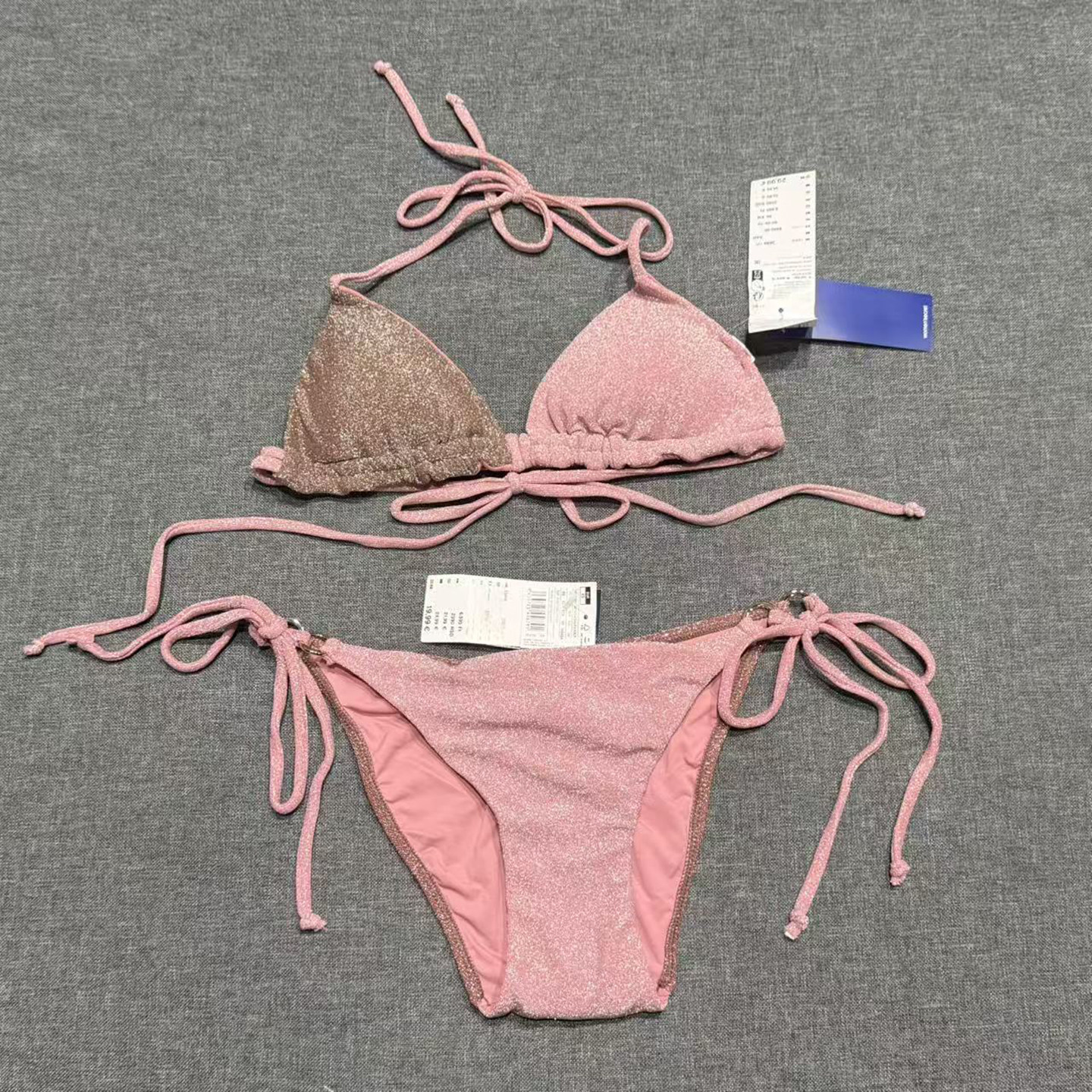 出口欧美女士成人亮闪面料拼色三角比基尼绑带简约性感分体游泳衣