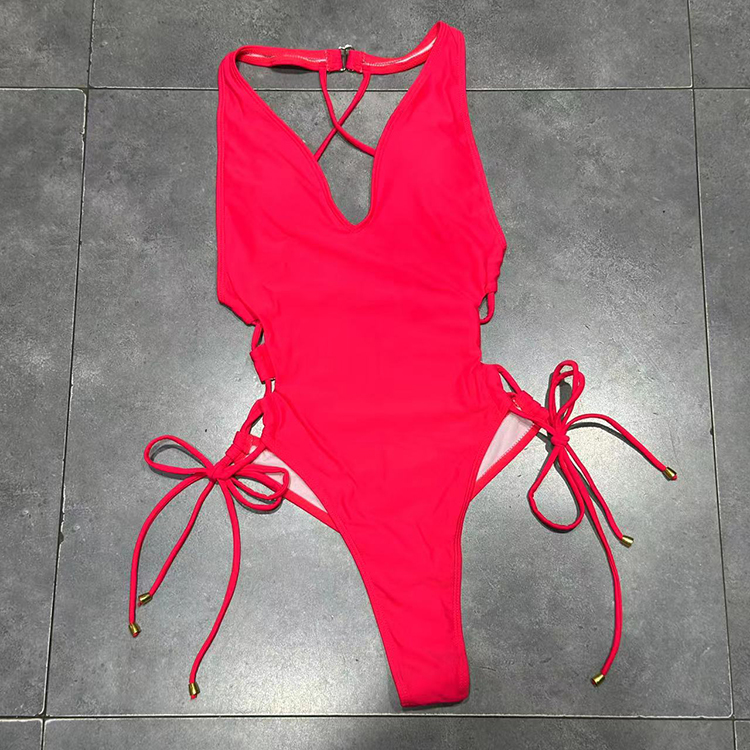 出口欧美女士成人大V领性感大露背高叉露屁股丁字三角连体游泳衣