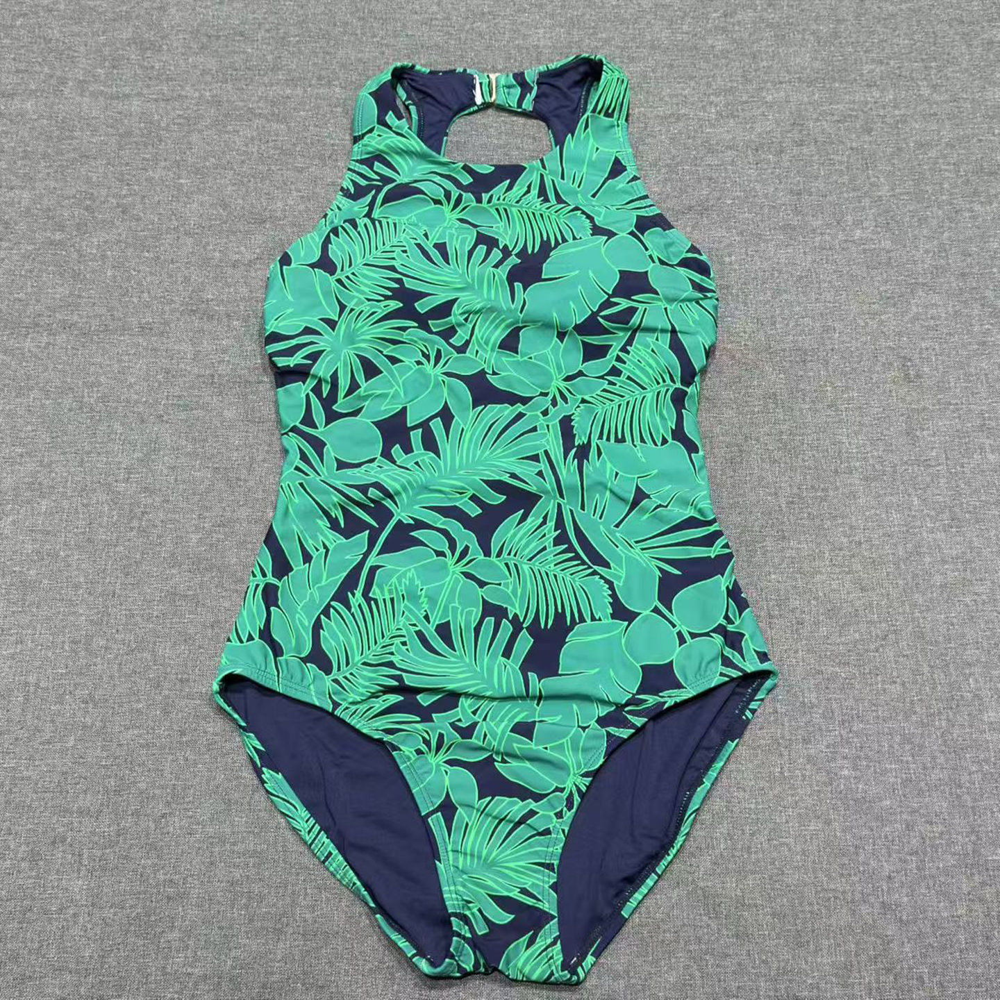 出口欧美女士成人树叶印花高领简约后扣子小露背三角裤连体游泳衣