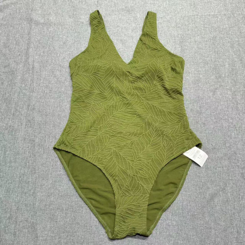 出口欧美单女士V领树叶提花纹路简约小露背休闲三角裤连体游泳衣