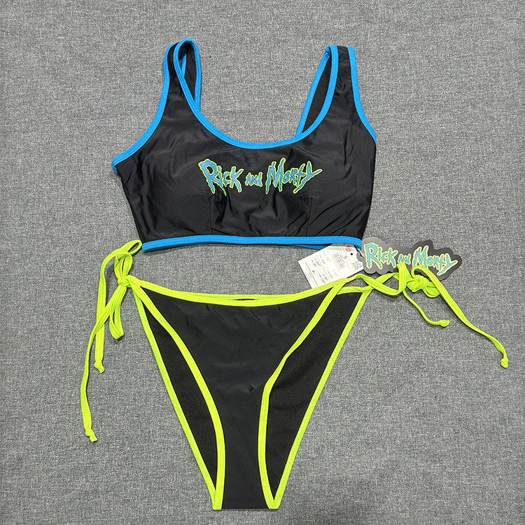 出口欧美女士成人抹胸比基尼前胸字母撞色三角高叉绑带分体游泳衣