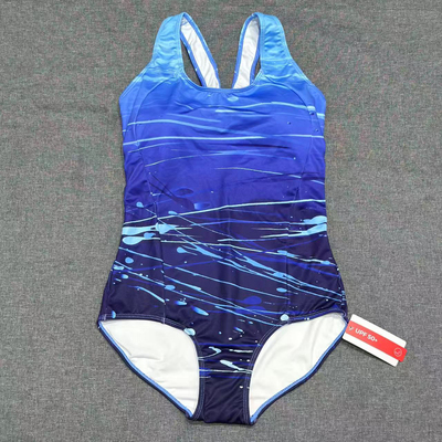 出口欧美单女士圆领蓝色水滴露背双肩交叉专业竞赛三角连体游泳衣