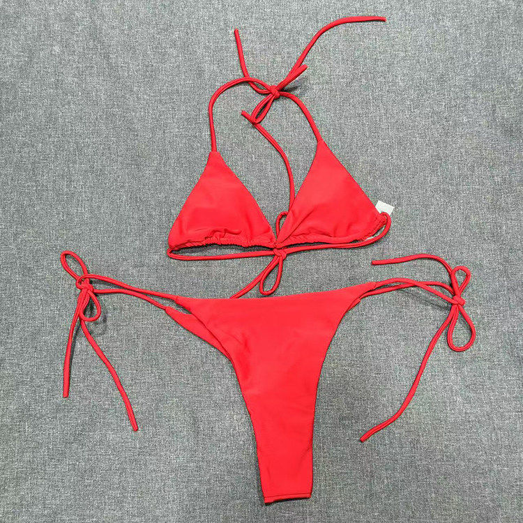 出口欧美女成人性感三角杯比基尼绑带蝴蝶结丁字裤沙滩分体游泳衣