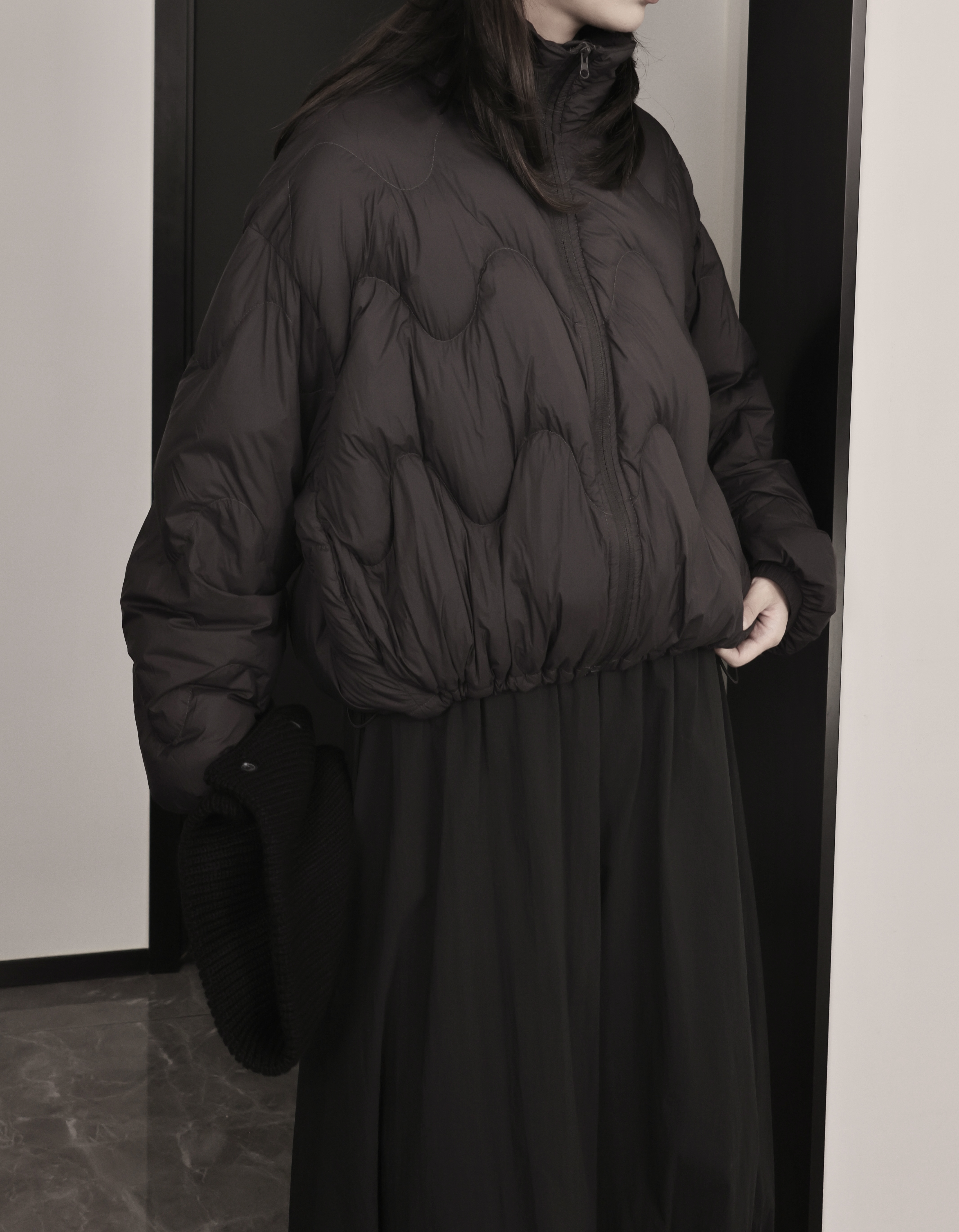 肆野暗黑山本风小众设计感复古日系波浪纹宽松显瘦立领羽绒服外套