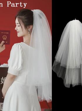 简约结婚纱登记领证小头纱头饰超仙森系短款发夹旅拍照新娘蝴蝶结