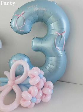 马卡龙珠光蓝40寸男孩女孩生日周岁拍照庆祝蝴蝶结装饰大数字气球